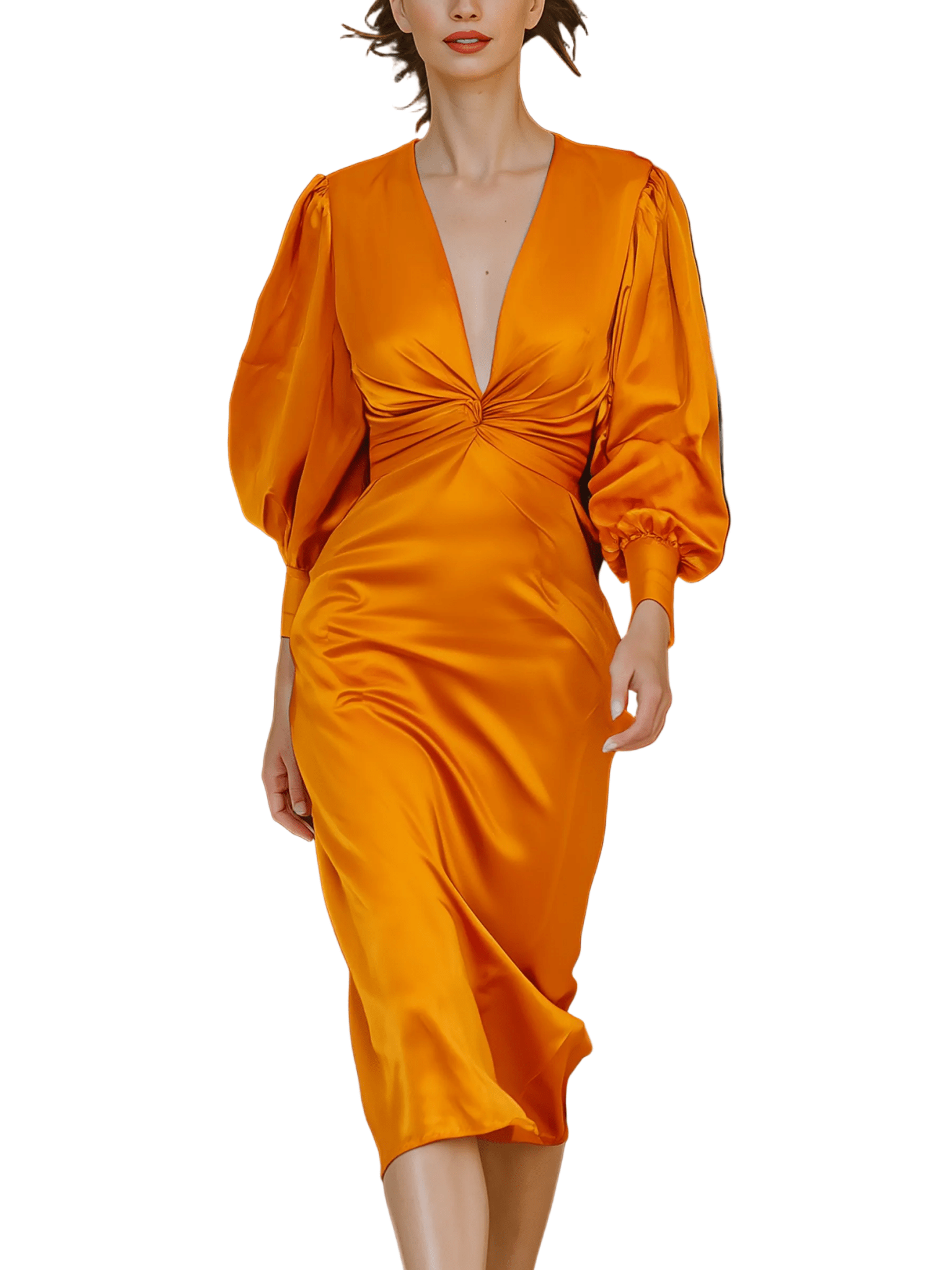 VESTIDO MIDI DE SATÉN NARANJA CON MANGAS ABULLONADAS - VALERINA MARBELLA