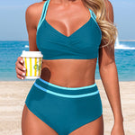 Stylish Color-blocked Striped High-waisted Two-piece Stretch Bikini Swimsuit