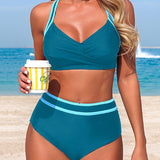 Stylish Color-blocked Striped High-waisted Two-piece Stretch Bikini Swimsuit