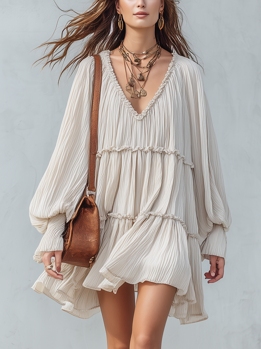 Bohemian-style Off-white Mini Dress With Puff Sleeves