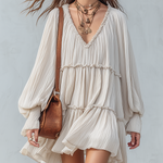 Bohemian-style Off-white Mini Dress With Puff Sleeves