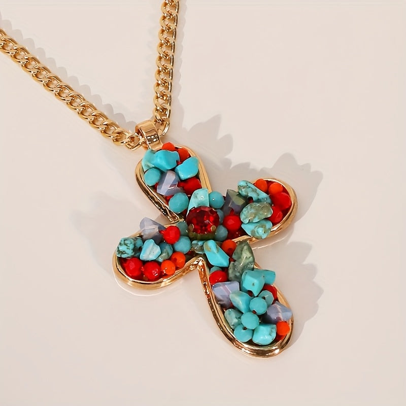 COLLAR BOHEMIO VIBRANT COLORÉ TURQUESA CRUZ COLGANTE
