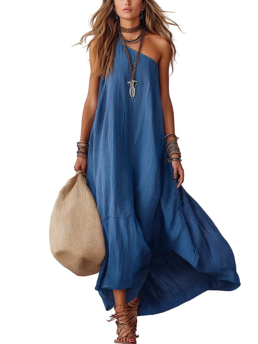 Royal Blue Striped Off-the-shoulder Flowing Long Dress