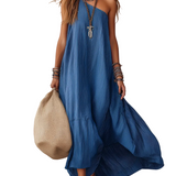 Royal Blue Striped Off-the-shoulder Flowing Long Dress