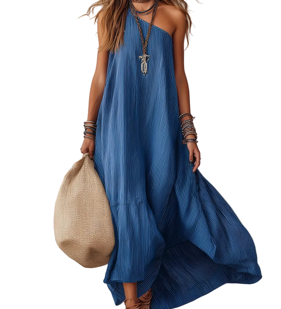 Royal Blue Striped Off-the-shoulder Flowing Long Dress
