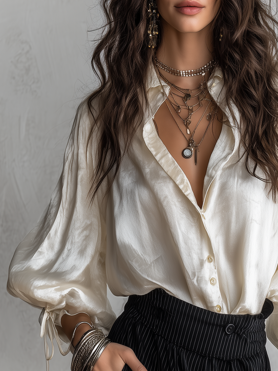 French Vintage Style Pearlescent Lantern Sleeved Blouse