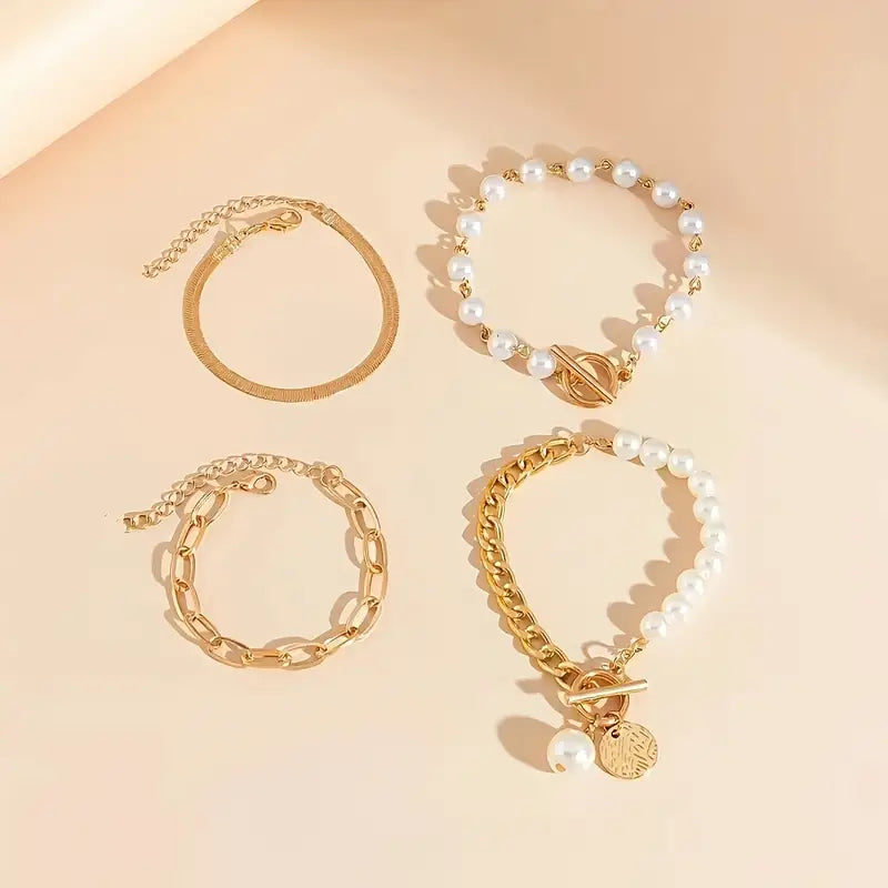 CONJUNTO CHIC ORO 4-PIEZA PULSERA - SERPIENTE, PERLES & MAILLONS | ORO