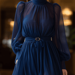 VESTIDO LARGO AZUL MARINO SEMITRANSPARENTE CON CUELLO ALTO Y CINTURÓN - VALERINA MARBELLA