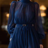 VESTIDO LARGO AZUL MARINO SEMITRANSPARENTE CON CUELLO ALTO Y CINTURÓN - VALERINA MARBELLA