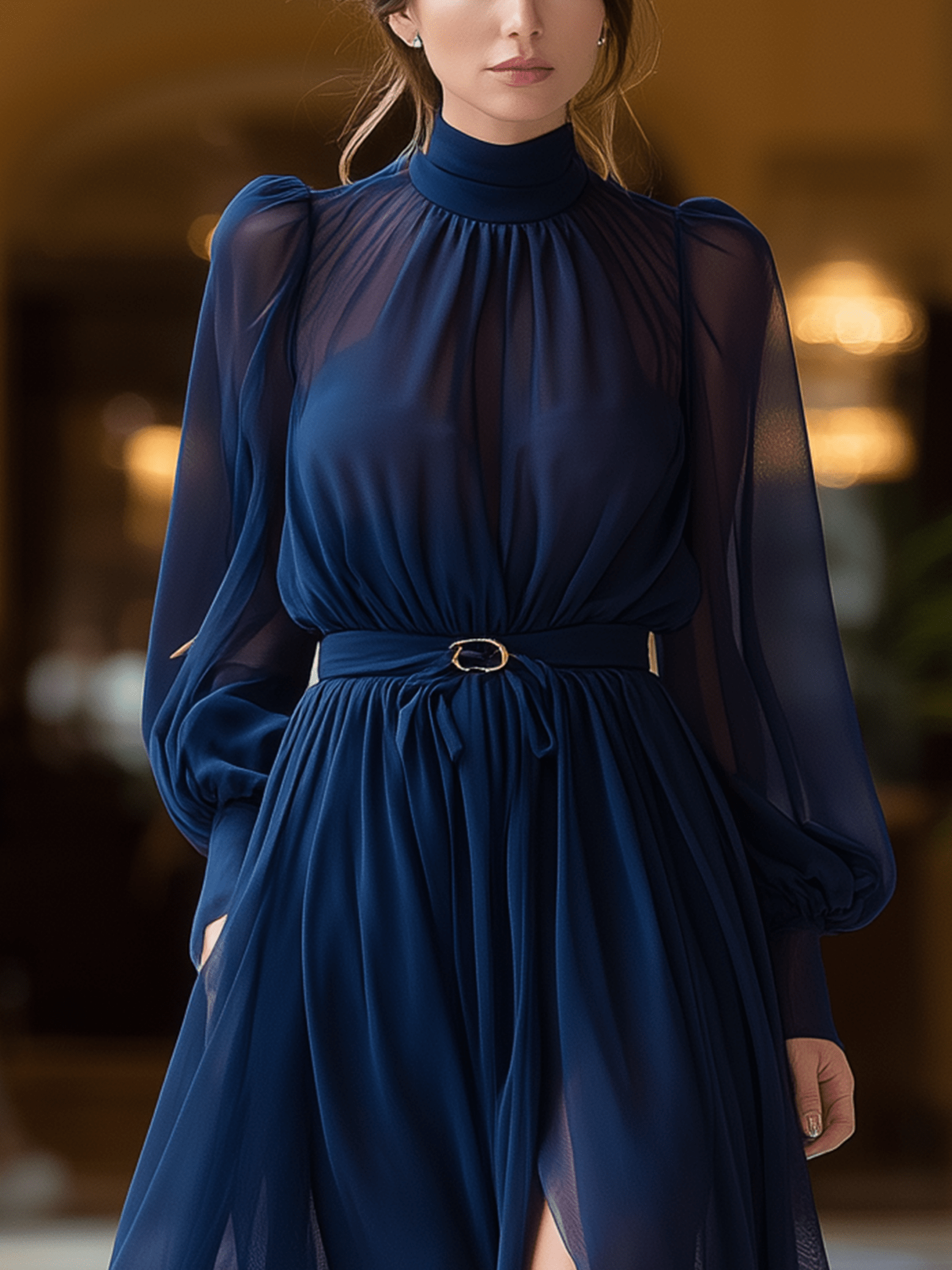 VESTIDO LARGO AZUL MARINO SEMITRANSPARENTE CON CUELLO ALTO Y CINTURÓN - VALERINA MARBELLA