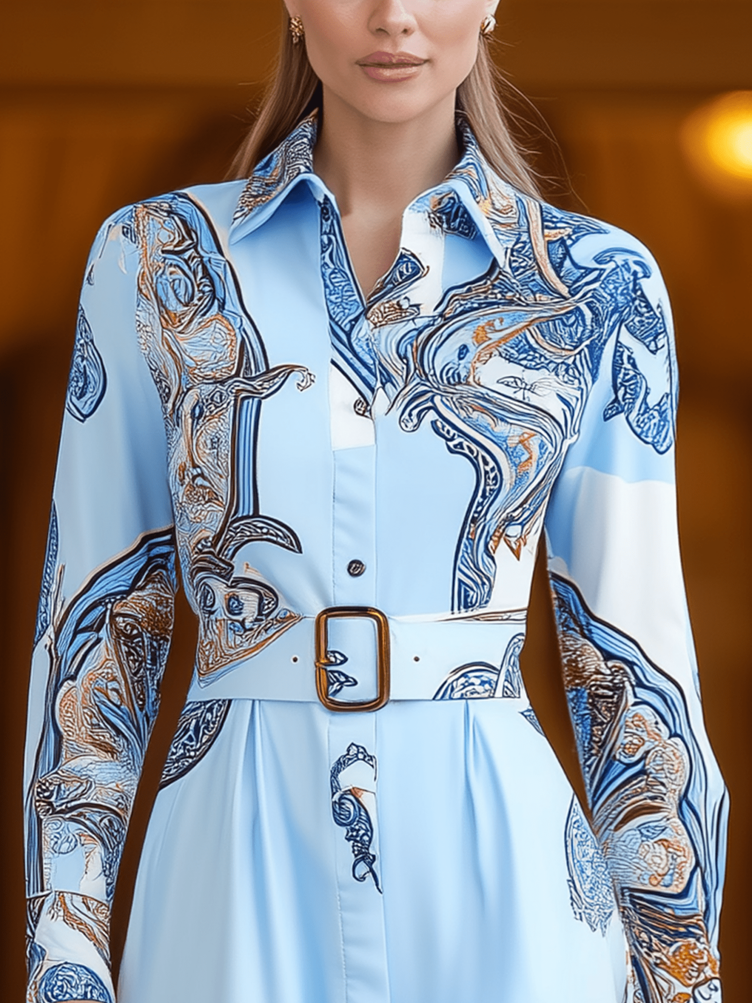 VESTIDO LARGO CAMISERO AZUL CLARO CON ESTAMPADO PAISLEY Y CINTURÓN - VALERINA MARBELLA