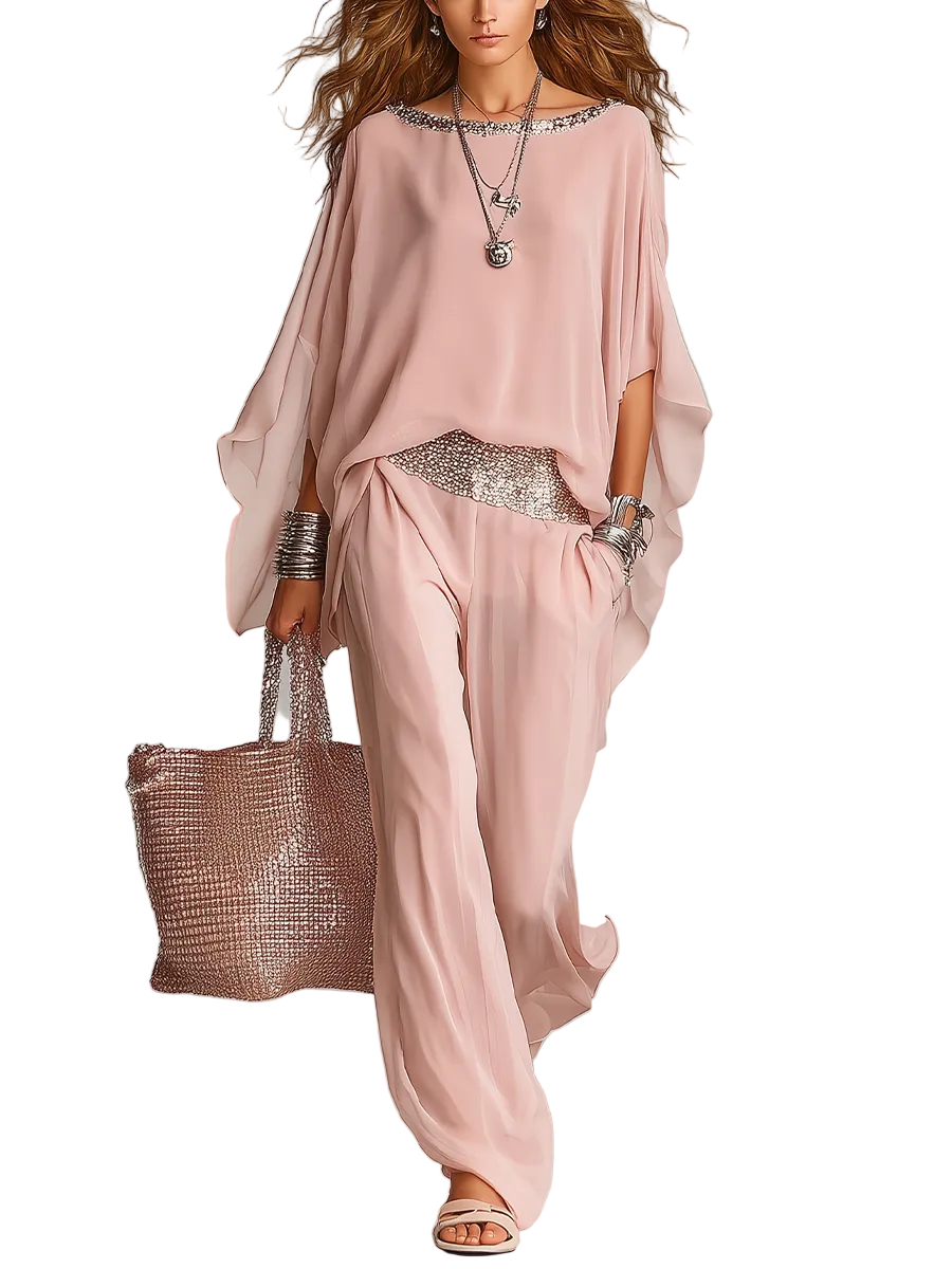 Polished Blush Pink Embellished Blouse & Fluid Pants Set
