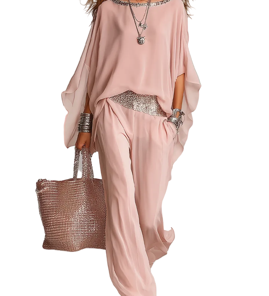 Polished Blush Pink Embellished Blouse & Fluid Pants Set