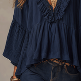 Effortless Deep Blue Ruffle Boho Blouse