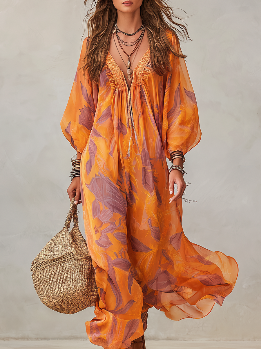 V-neck, Lantern-sleeved, Flowing Resort Dress