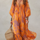 V-neck, Lantern-sleeved, Flowing Resort Dress