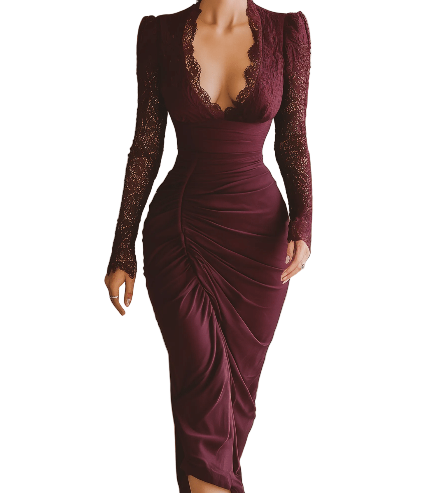 VESTIDO LARGO BURDEOS DE SATÉN CON ENCAJE, PLISADO Y ESCOTE EN PICO - VALERINA MARBELLA