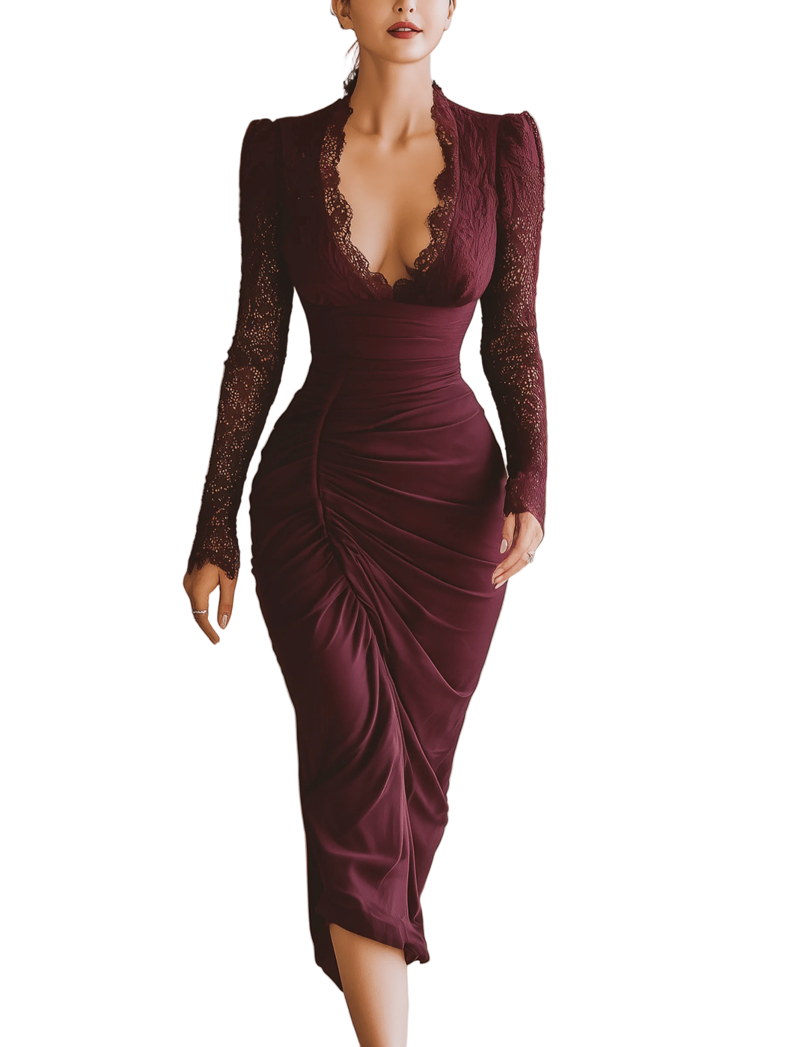 VESTIDO LARGO BURDEOS DE SATÉN CON ENCAJE, PLISADO Y ESCOTE EN PICO - VALERINA MARBELLA