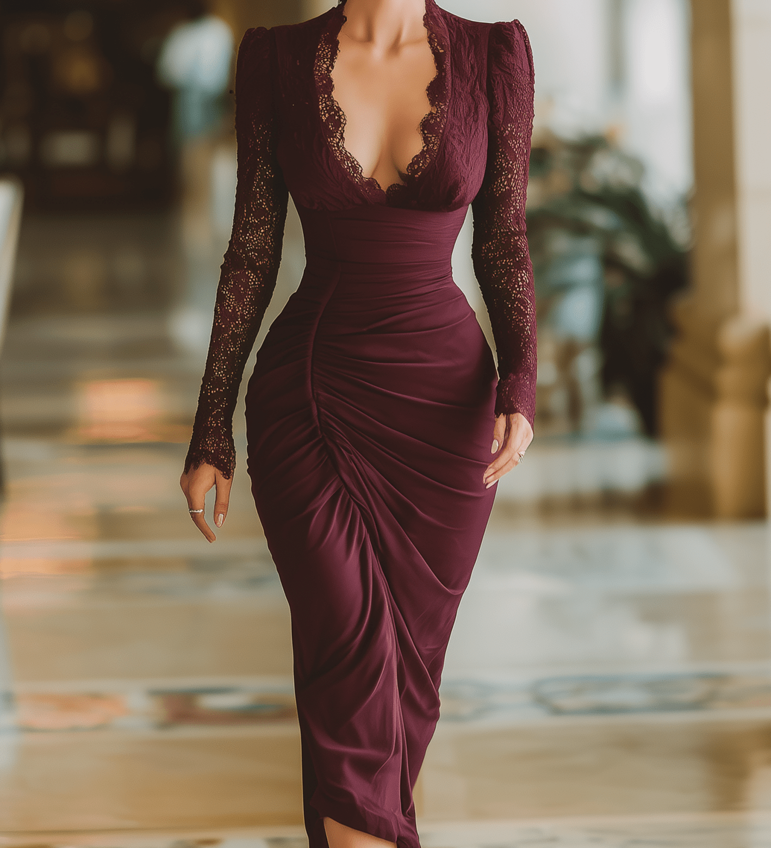 VESTIDO LARGO BURDEOS DE SATÉN CON ENCAJE, PLISADO Y ESCOTE EN PICO - VALERINA MARBELLA