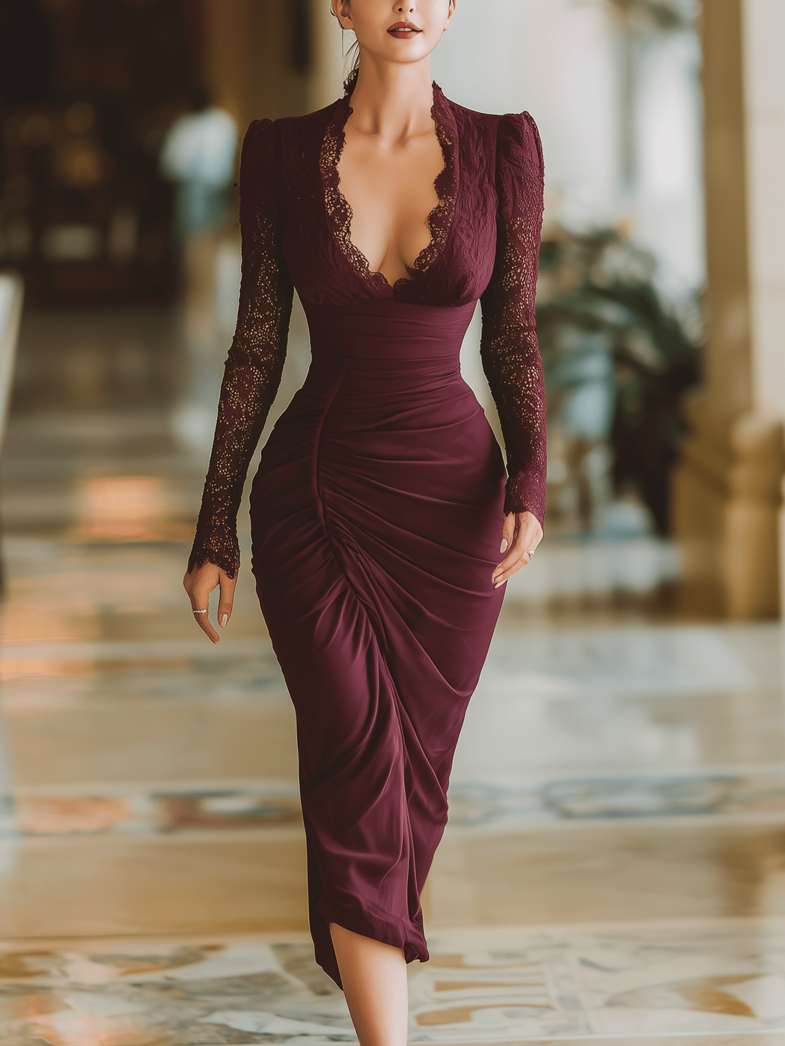 VESTIDO LARGO BURDEOS DE SATÉN CON ENCAJE, PLISADO Y ESCOTE EN PICO - VALERINA MARBELLA