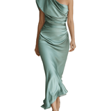 VESTIDO LARGO DE SATÉN VERDE SALVIA DE UN SOLO HOMBRO - VALERINA MARBELLA