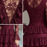 VESTIDO CORTO BURDEOS DE ENCAJE FLORAL CON VOLANTES EN CAPAS - VALERINA MARBELLA