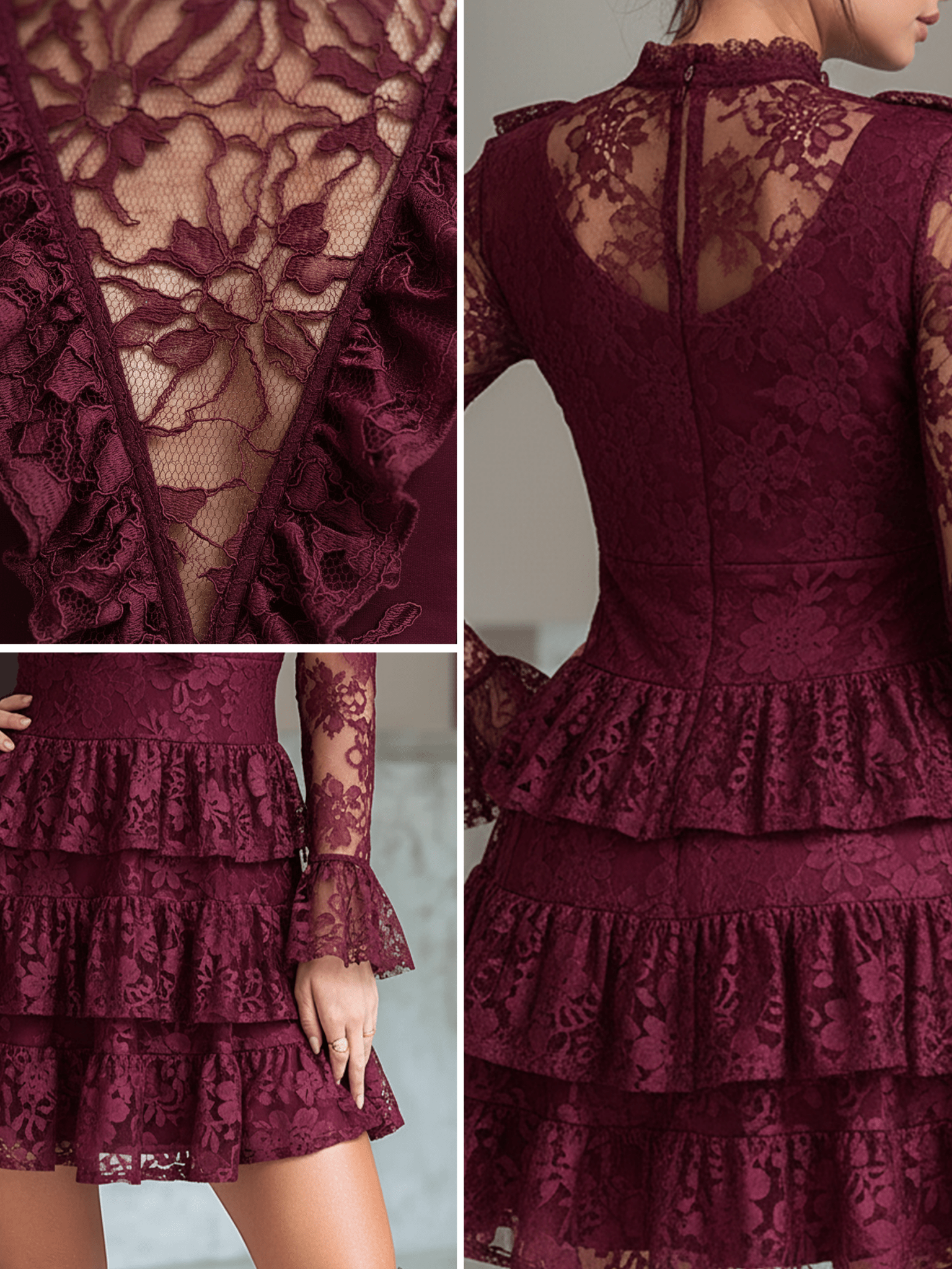 VESTIDO CORTO BURDEOS DE ENCAJE FLORAL CON VOLANTES EN CAPAS - VALERINA MARBELLA