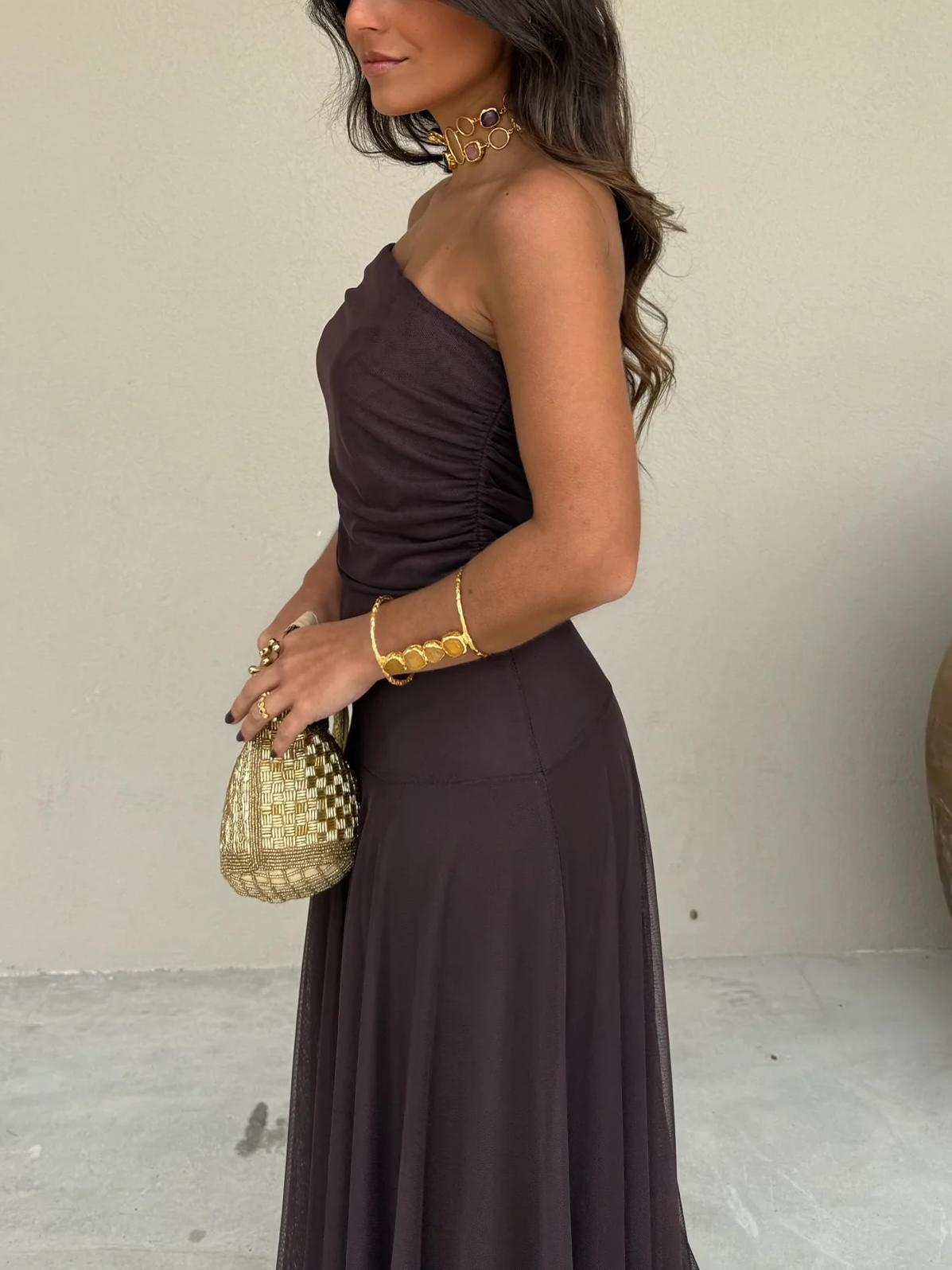 Brown One Shoulder Mesh Maxi Dress