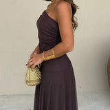 Brown One Shoulder Mesh Maxi Dress