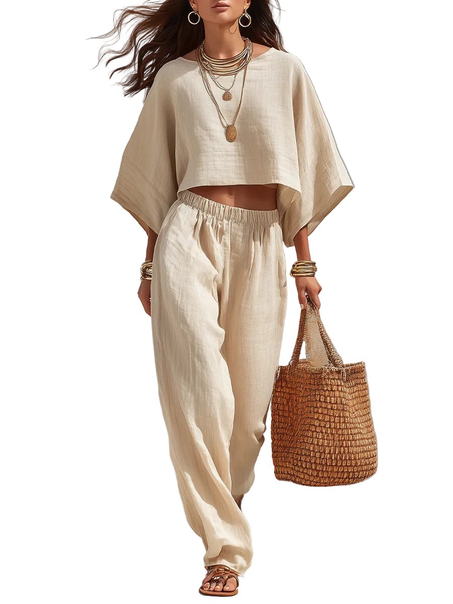 Effortless Beige Linen Cropped Top & Relaxed Pants Set