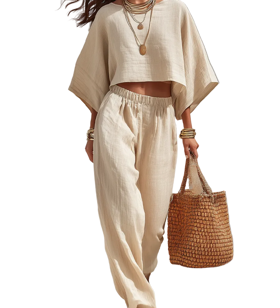 Effortless Beige Linen Cropped Top & Relaxed Pants Set