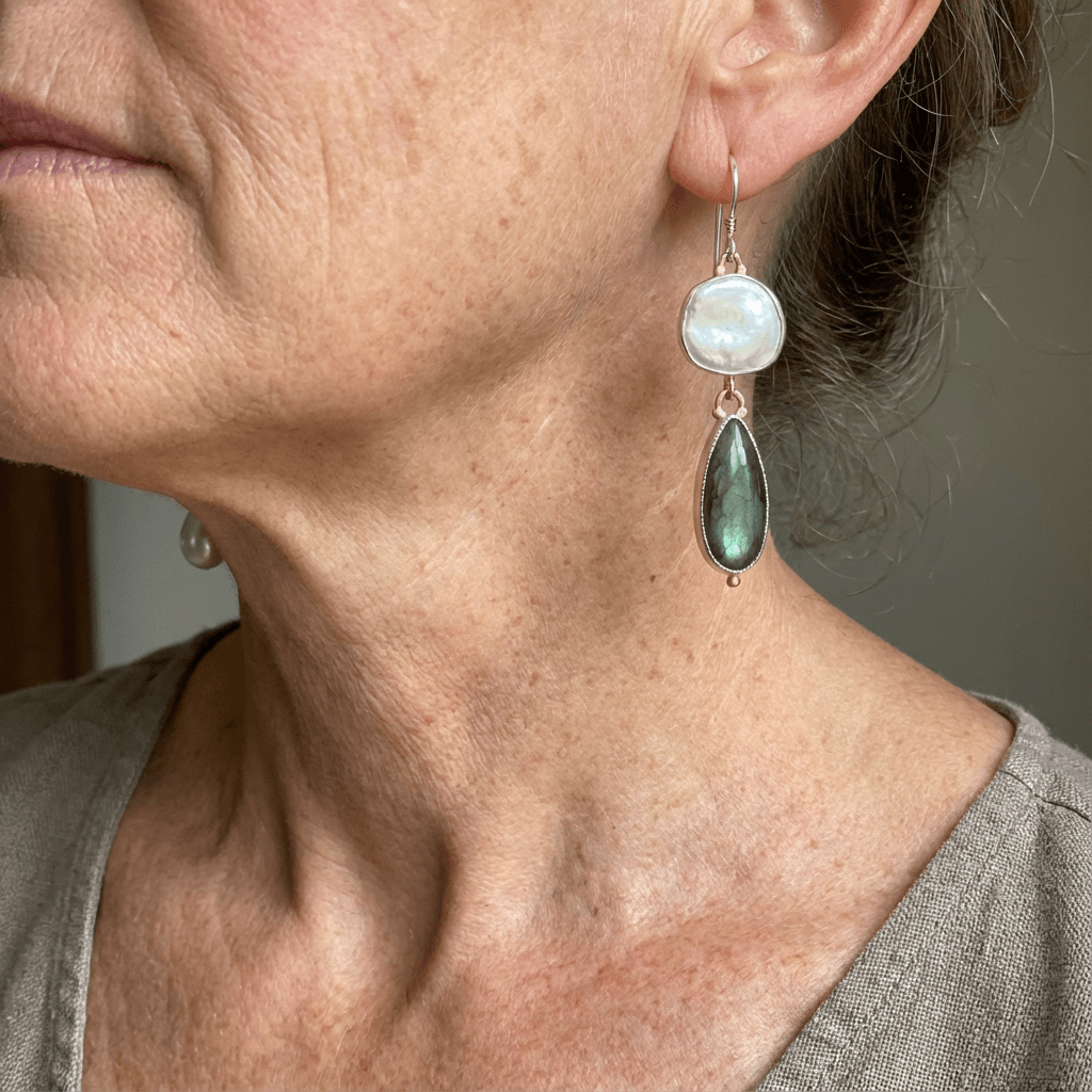 PENDIENTES ELEGANTE LABRADORITE PERLA IMPOSANT GOTA