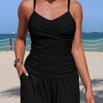 Solid Color Camisole Top and Loose Pockets Shorts Two-piece Stretch Bikini Swimsuit