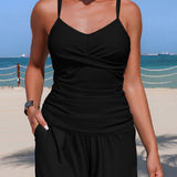 Solid Color Camisole Top and Loose Pockets Shorts Two-piece Stretch Bikini Swimsuit