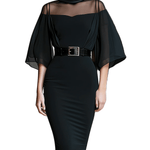 VESTIDO MIDI NEGRO CON CANESÚ TRANSPARENTE, MANGA CAPA Y CINTURÓN - VALERINA MARBELLA