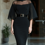 VESTIDO MIDI NEGRO CON CANESÚ TRANSPARENTE, MANGA CAPA Y CINTURÓN - VALERINA MARBELLA