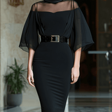 VESTIDO MIDI NEGRO CON CANESÚ TRANSPARENTE, MANGA CAPA Y CINTURÓN - VALERINA MARBELLA