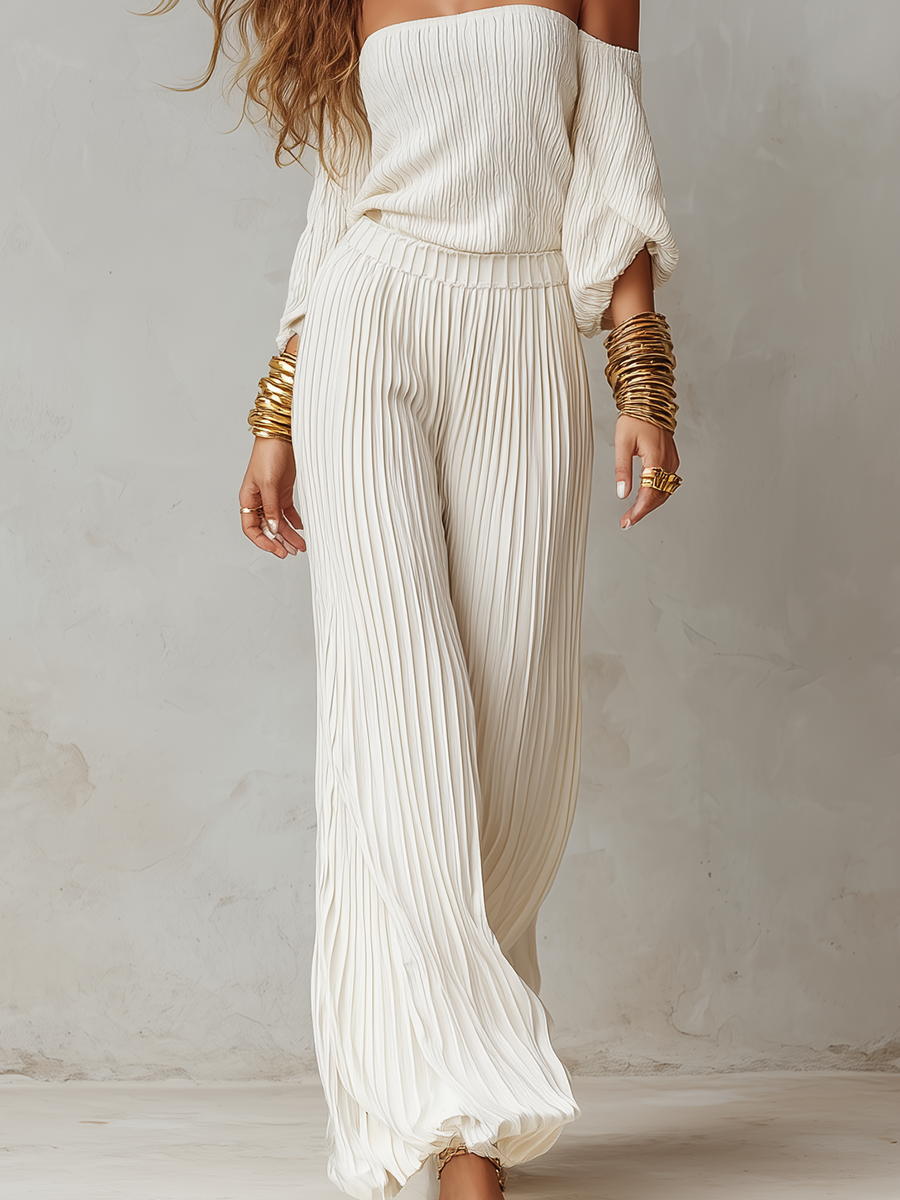 Boho Breeze Pleated Bardot Wide-Leg Jumpsuit