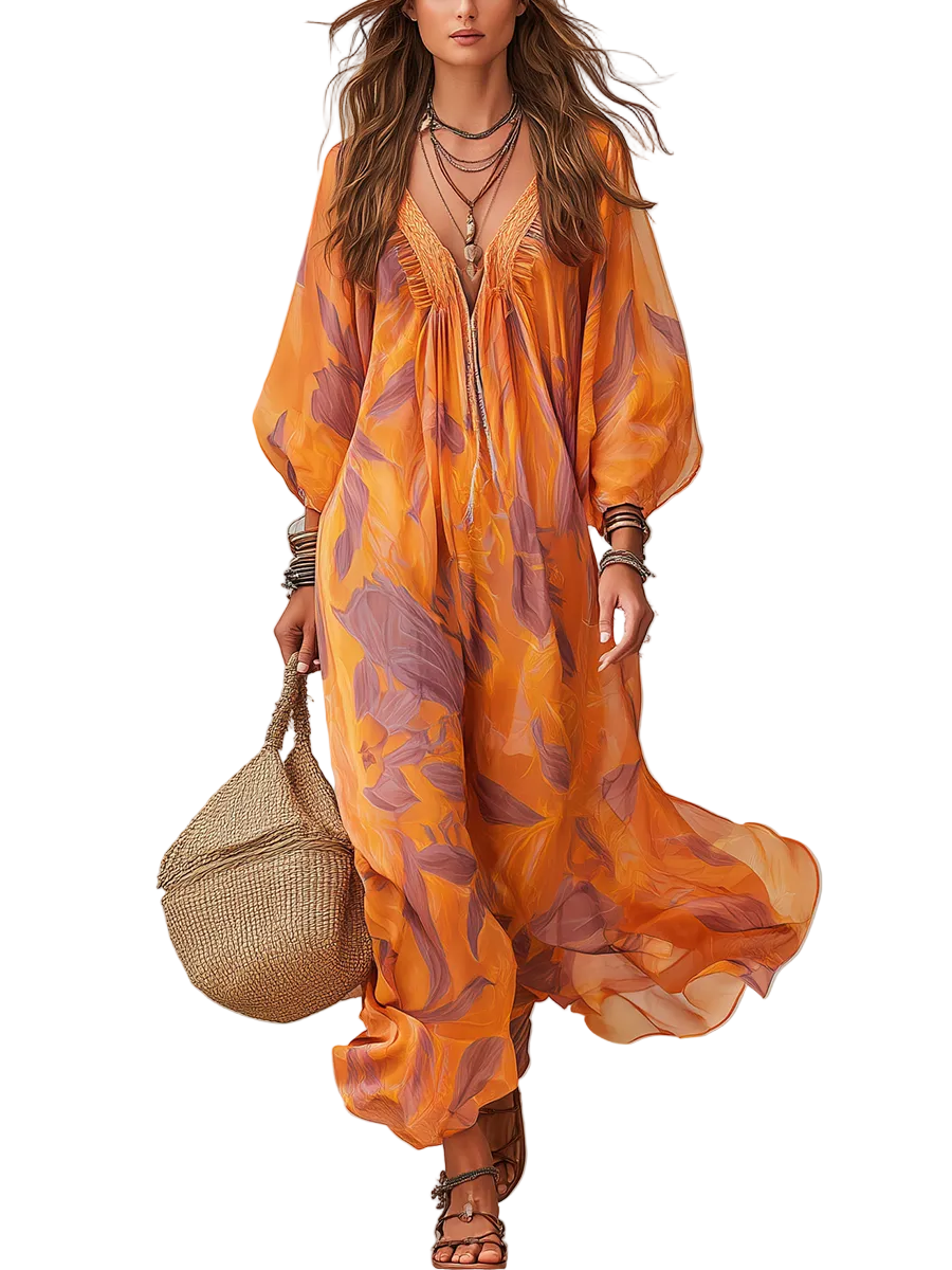 V-neck, Lantern-sleeved, Flowing Resort Dress