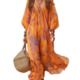 V-neck, Lantern-sleeved, Flowing Resort Dress