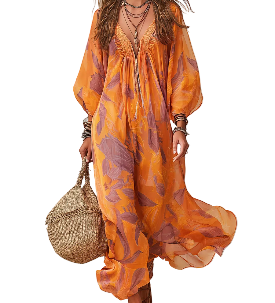 V-neck, Lantern-sleeved, Flowing Resort Dress