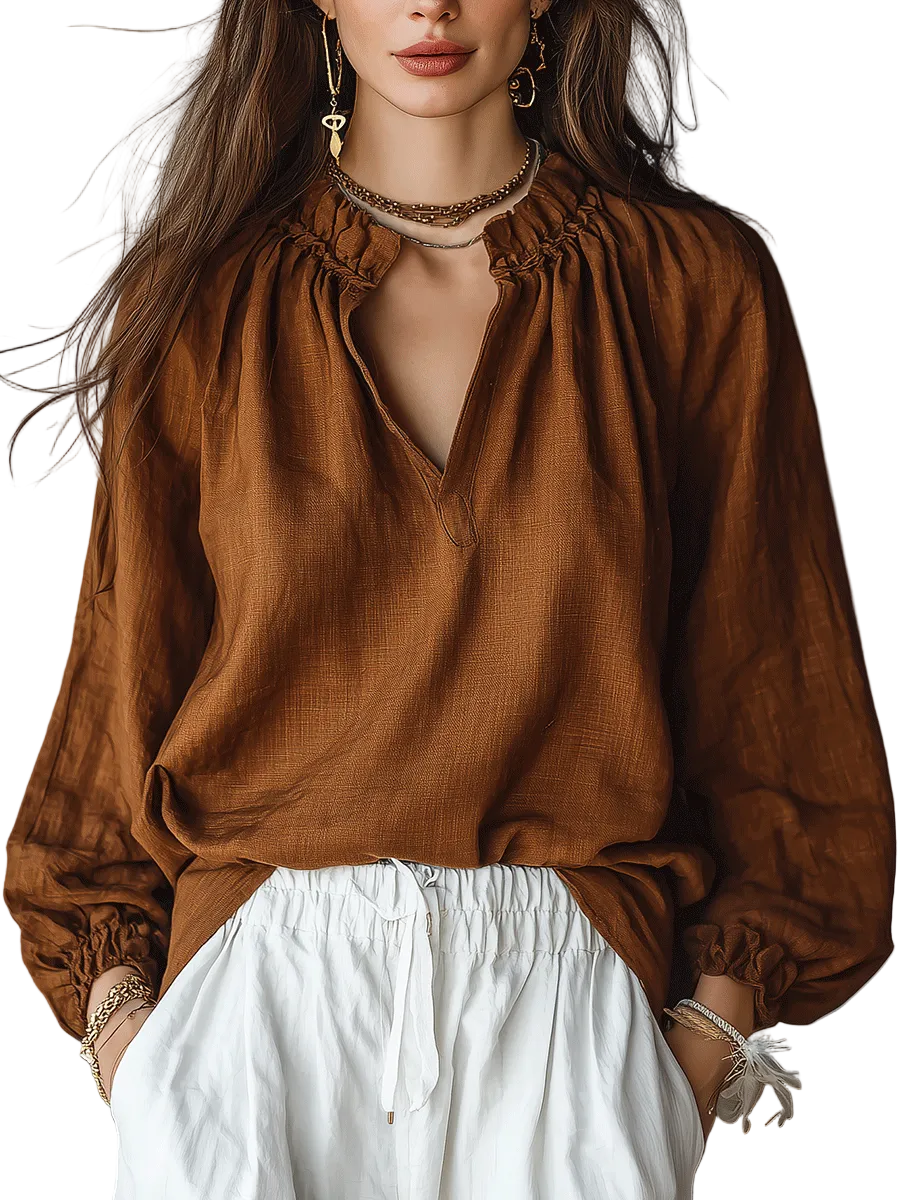 Relaxed Linen Blouse With Gathered V-Neck Detail