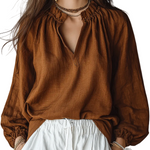 Relaxed Linen Blouse With Gathered V-Neck Detail