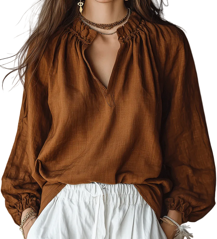Relaxed Linen Blouse With Gathered V-Neck Detail