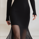 VESTIDO LARGO BODYCON DE PUNTO CANALÉ NEGRO CON CUT - OUT - VALERINA MARBELLA