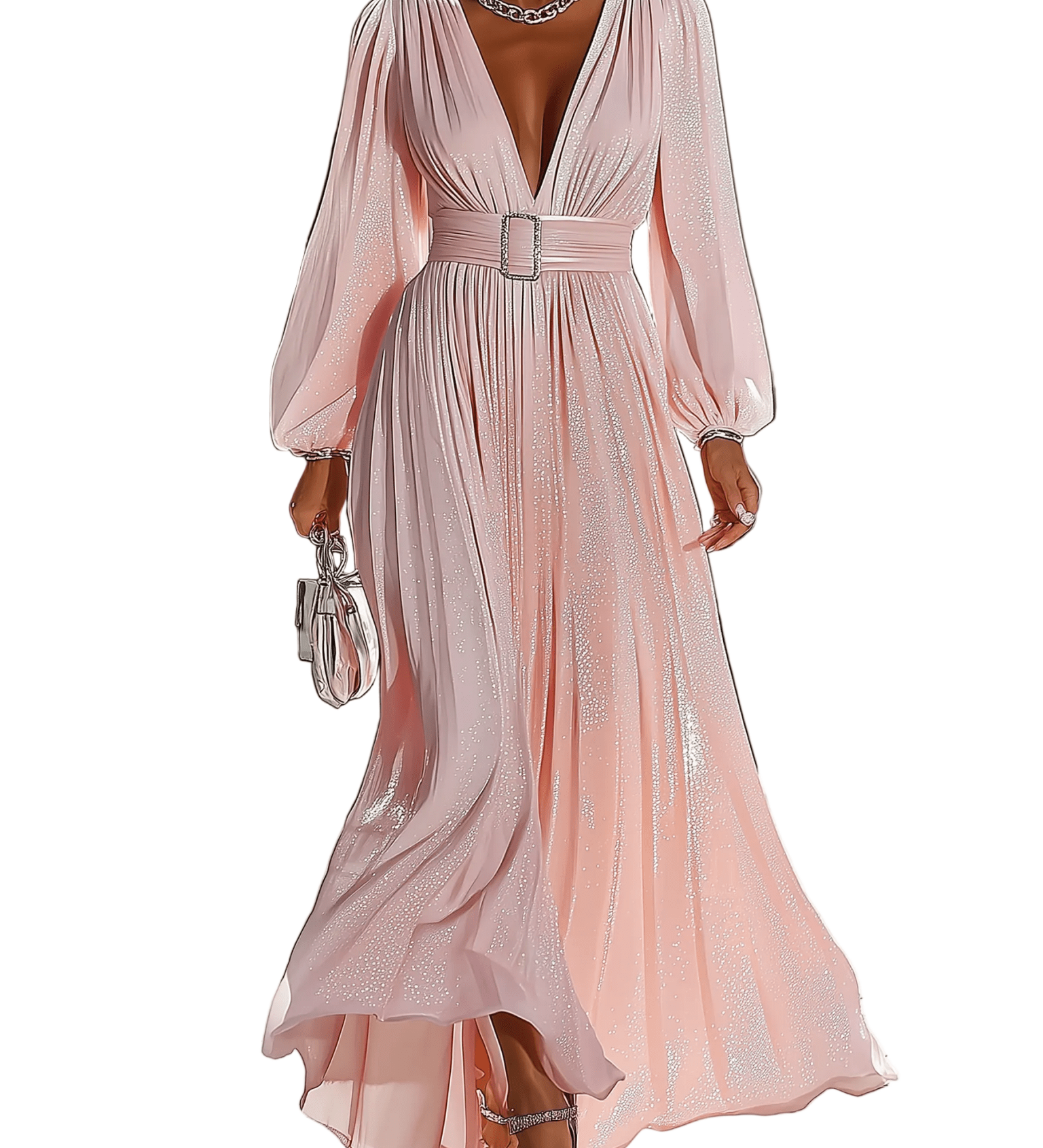 VESTIDO MAXI DE CHIFÓN ROSA CON BRILLO - VALERINA MARBELLA