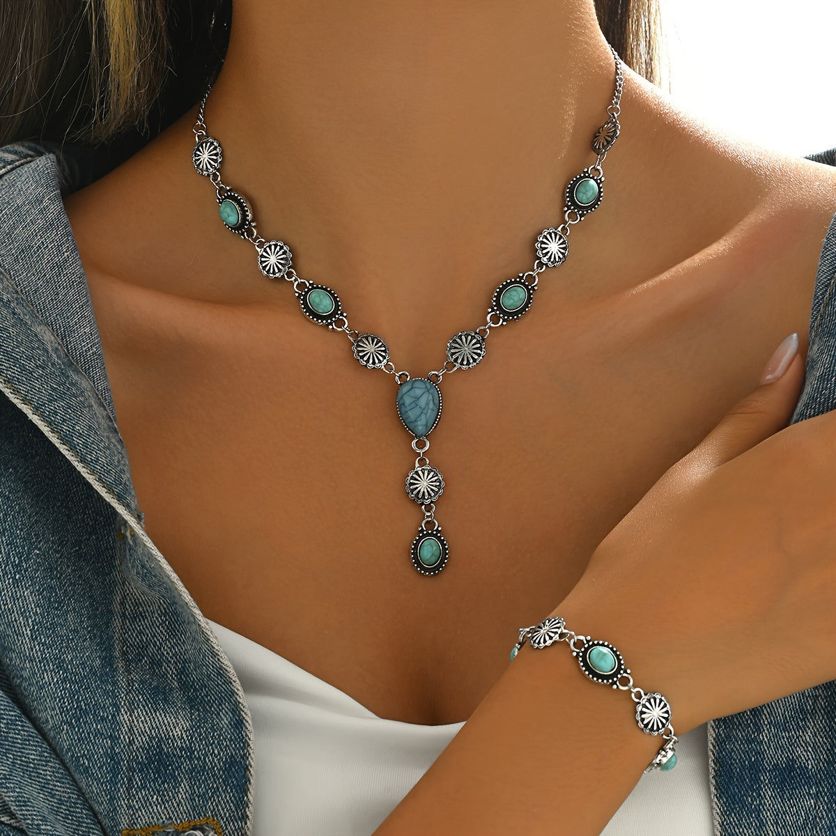 CONJUNTO BOHEMIO TURQUESA & PLATA FLORAL COLLAR Y PULSERA