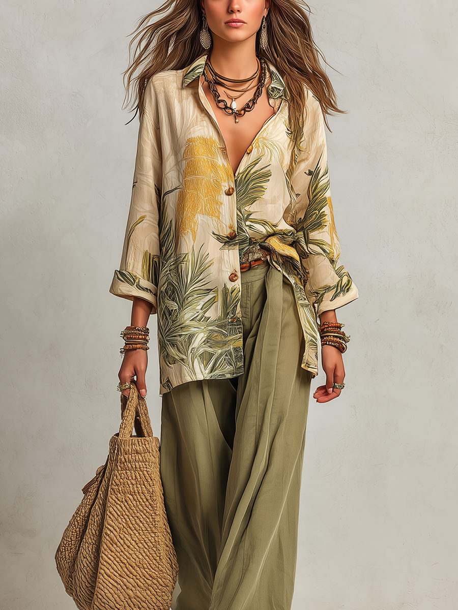Linen Shirt And Wide-leg Trousers With A Palm Leaf Pattern.