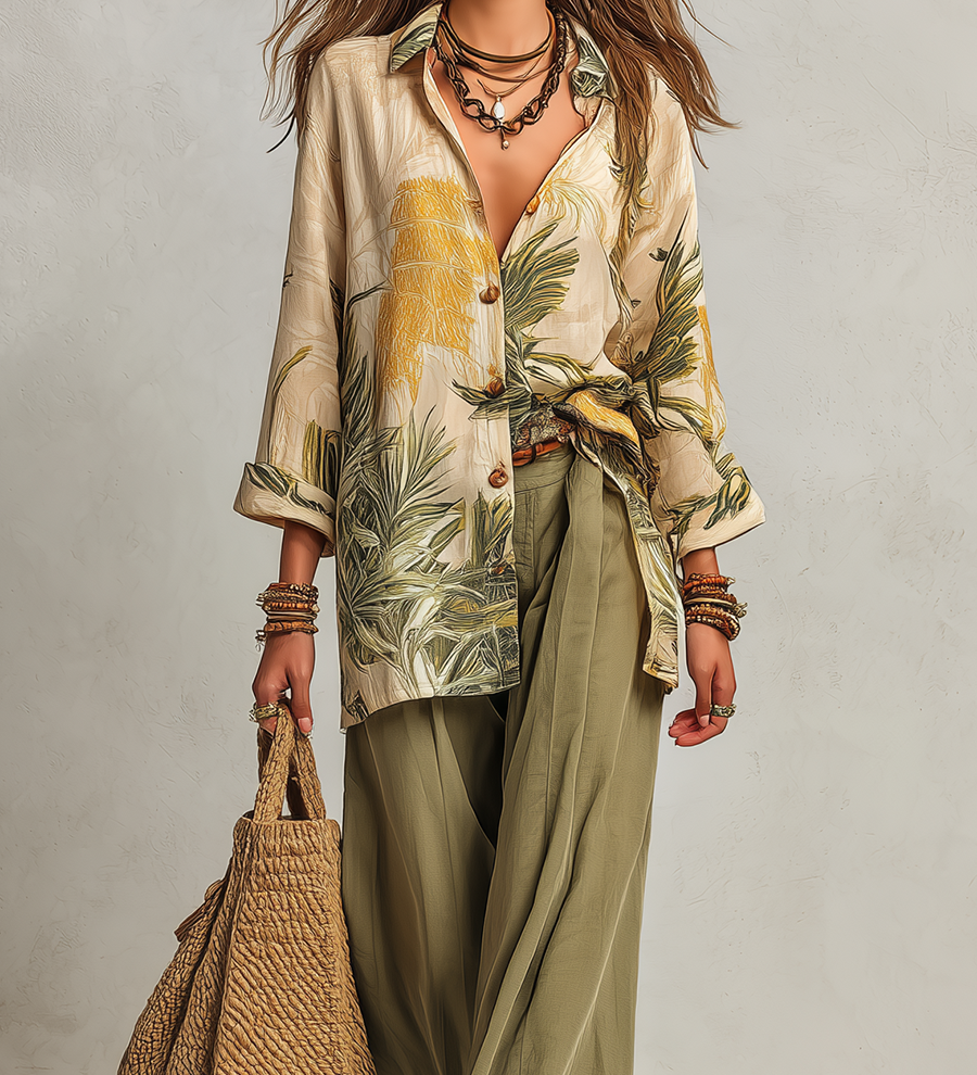 Linen Shirt And Wide-leg Trousers With A Palm Leaf Pattern.