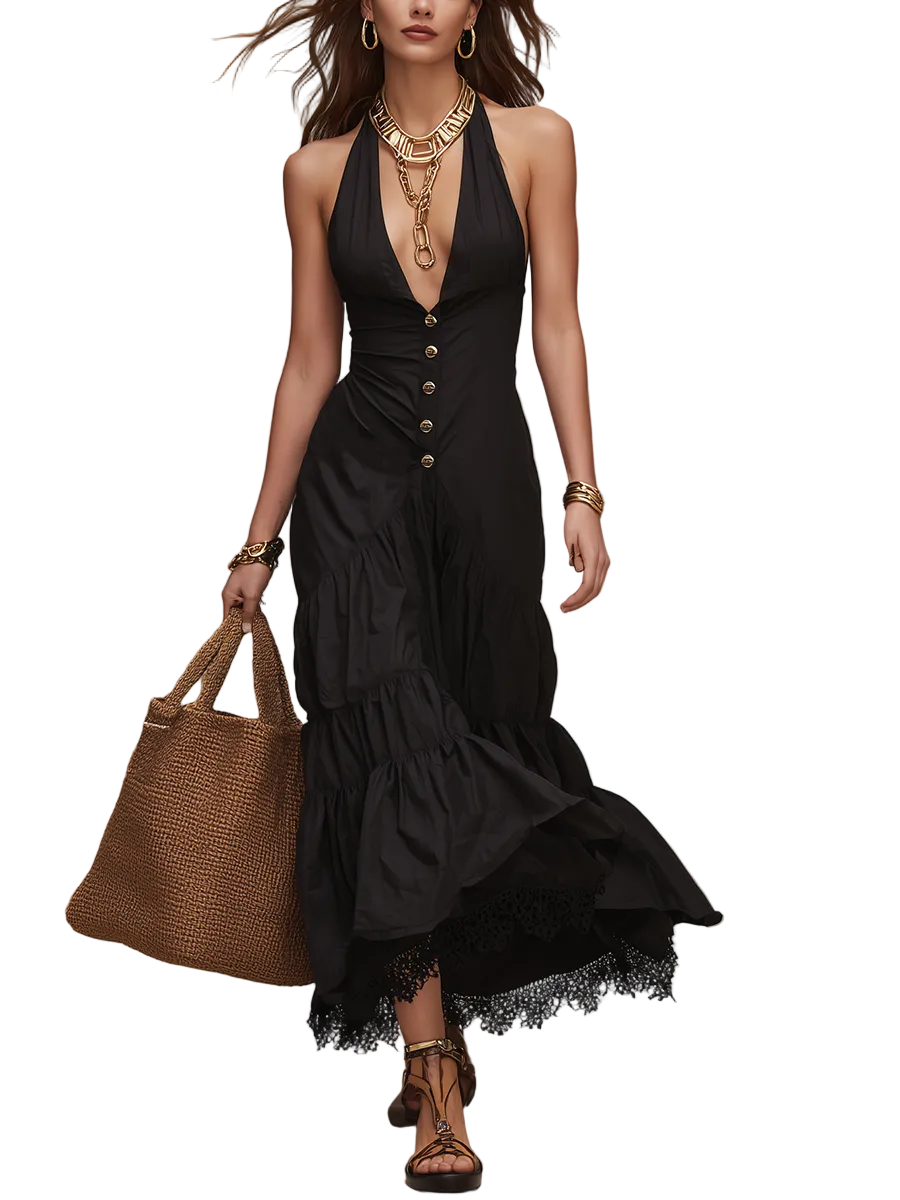 Alluring Halter-Neck Buttoned Maxi Dress